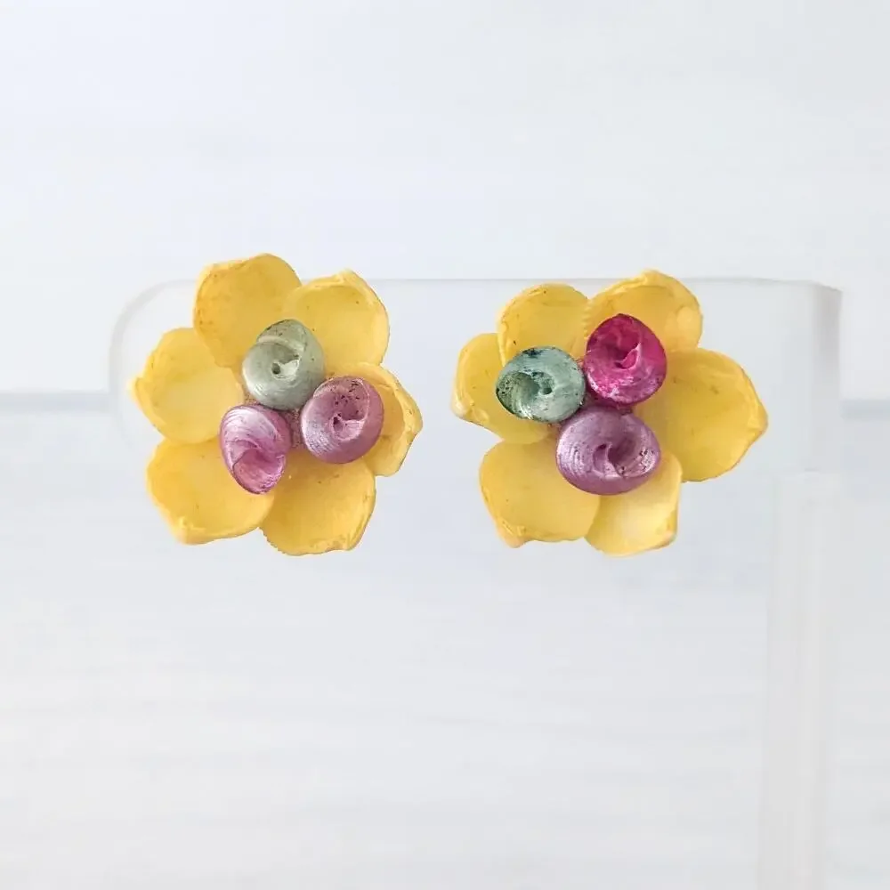 Vintage Screw On Earrings Yellow Flower? - Fair Condition